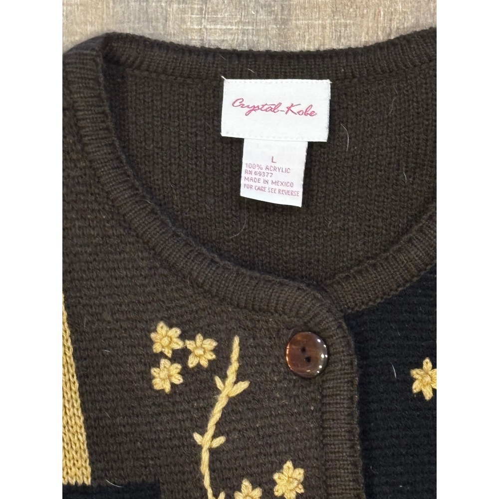 Crystal Kobe Women Brown Floral Patchwork Embroidered Button Cardigan Sweater L - Picture 3 of 4